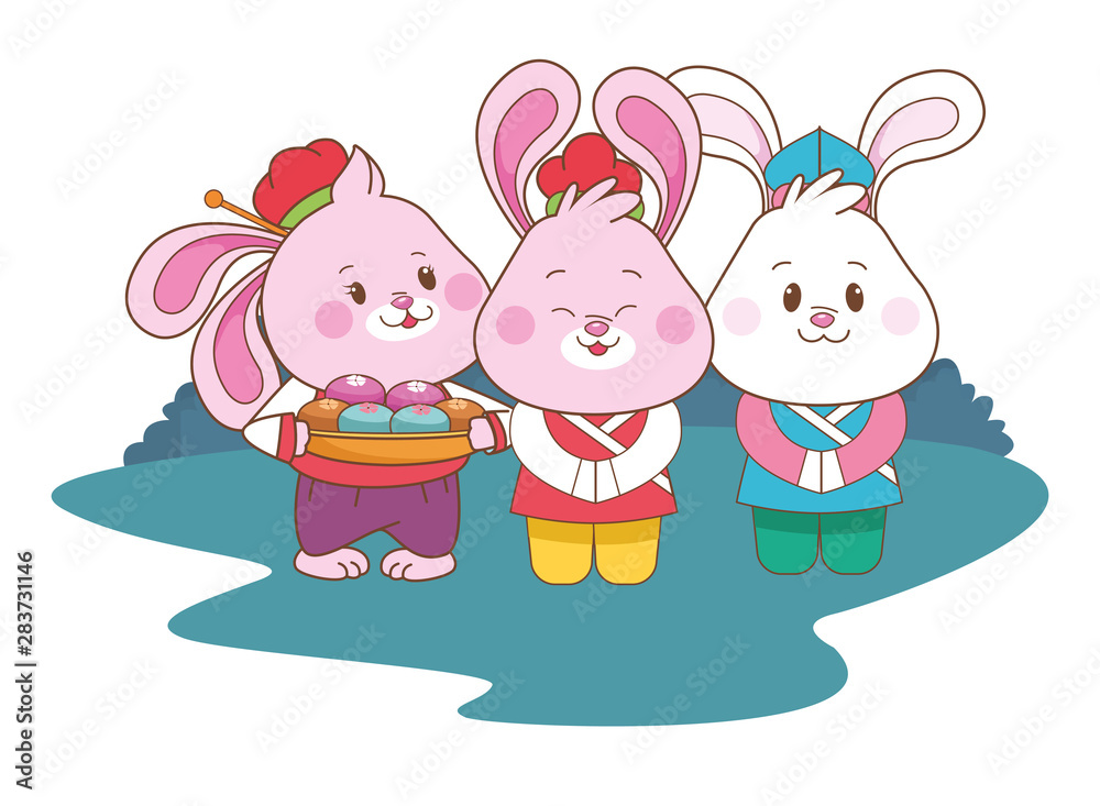 Naklejka premium Rabbits celebrating mid autumn festival cartoons