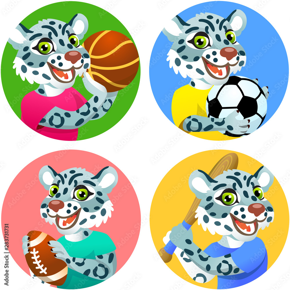 Fototapeta premium Sport emblems for basketball, soccer, American football and baseball with a wild snow leopard in the t-shirt as a sportsman