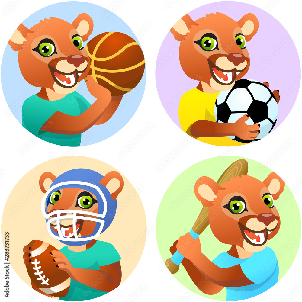 Sport emblems for basketball, soccer, American football and baseball with a wild cougar in the t-shirt as a sportsman