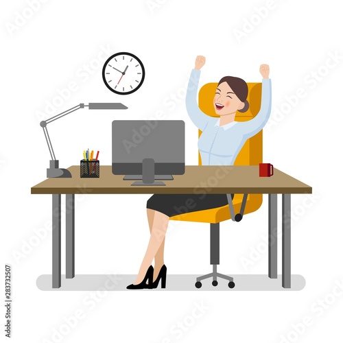 Business woman in a business suit rejoices at her workplace. Vector flat illustration.