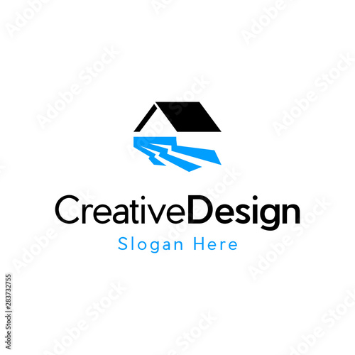 geometric creek river house logo vector icon illustration , house and water logo design, Real Estate and River House Logo Vector
