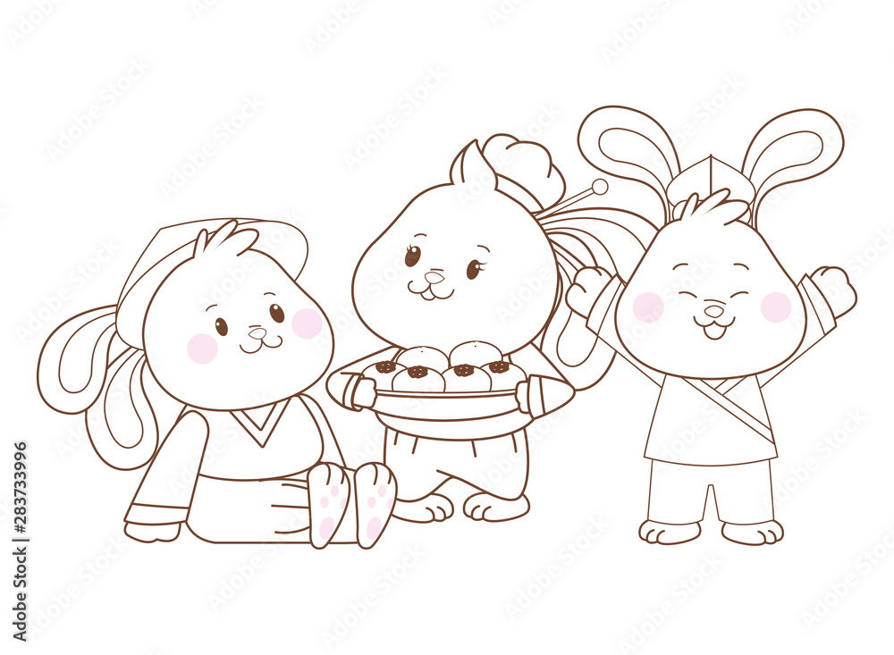 Rabbits celebrating mid autumn festival cartoons in black and white Rabbits celebrating mid autumn festival cartoons in black and white