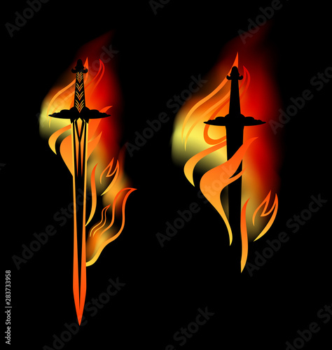 medieval sword with burning blade among fire flames - vector fantasy weapon design