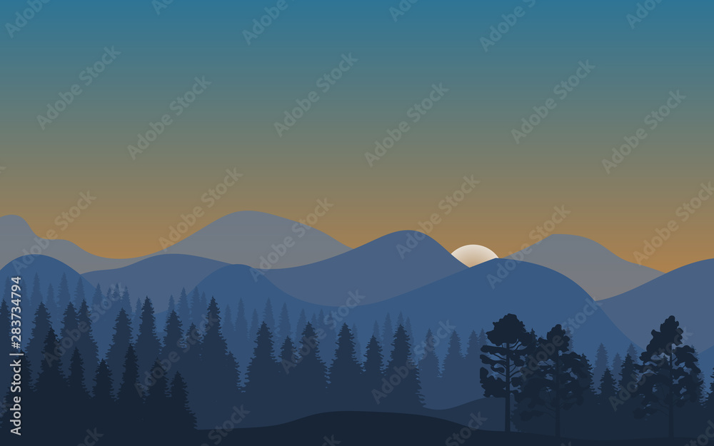 Forest landscape, abstract nature background with trees and mountains silhouettes