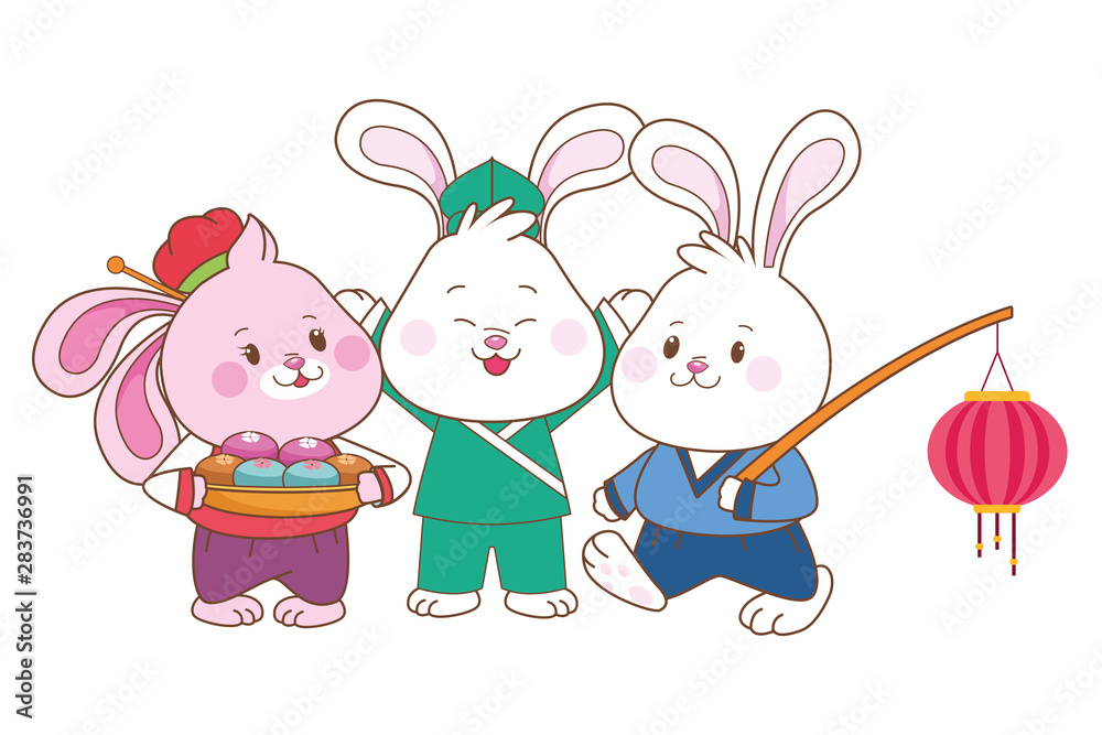 Rabbits celebrating mid autumn festival cartoons