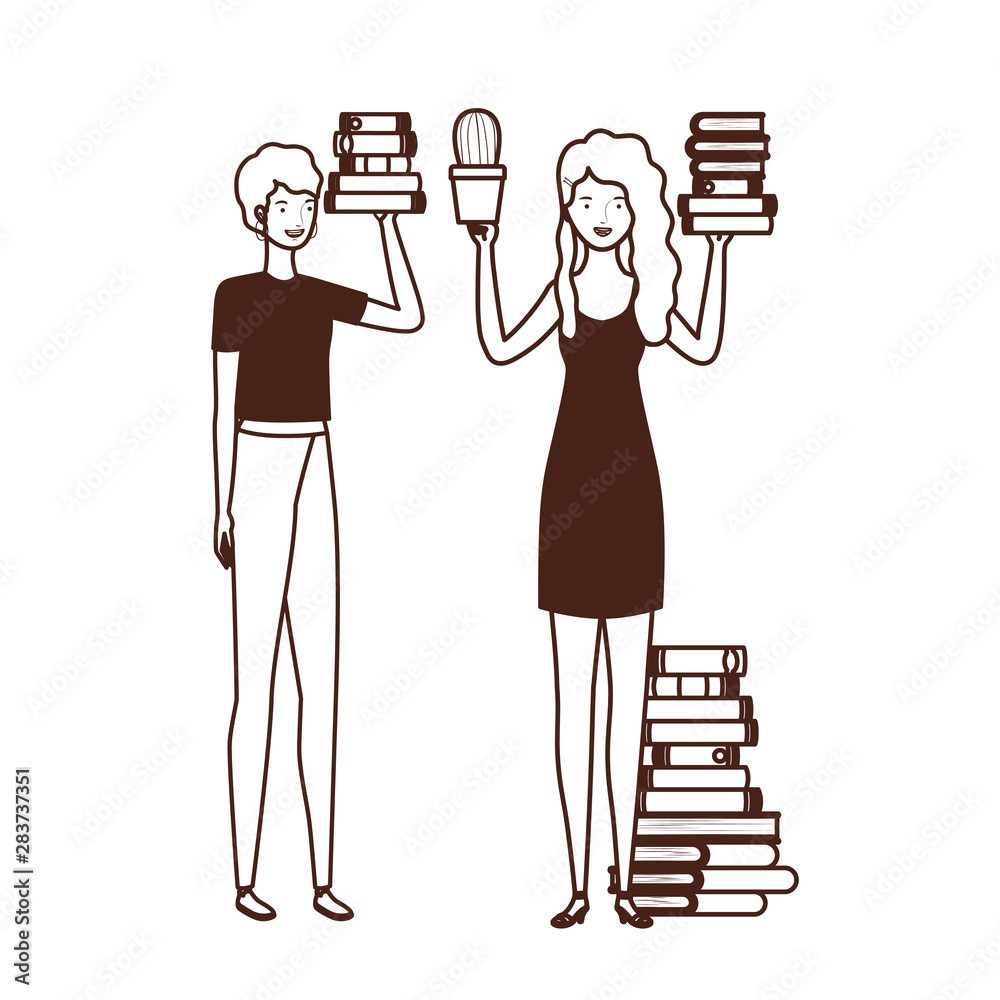 silhouette of women with stack of books on white background