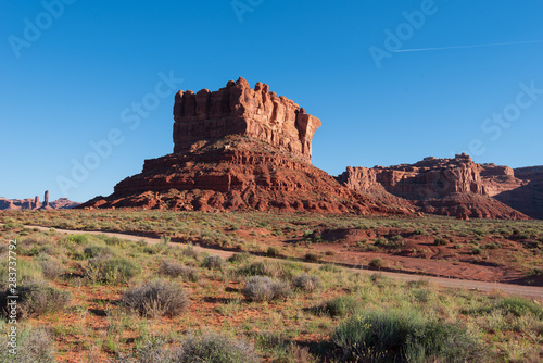 Landscape of tall red rock butte at Valley of the Gods in Bears Ears National Monument 