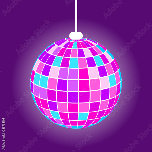 Discoball with rays from square, hanging purple mirrorball with light. Element of night club or party, glowing equipment, shiny globe, nightlife vector