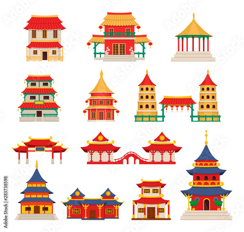 Traditional chinese buildings, asian architecture chinatown. Chinese townscape with pagoda, temple, house. China town city lanmarks landscape cartoon vector illustration design element photo