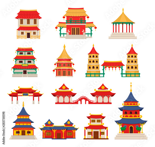 Traditional chinese buildings, asian architecture chinatown. Chinese townscape with pagoda, temple, house. China town city lanmarks landscape cartoon vector illustration design element