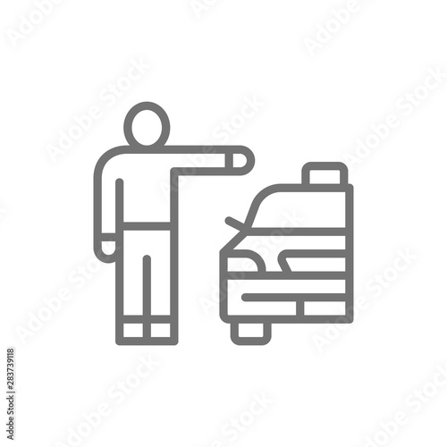 Man catching taxi cab, hitchhiking line icon.