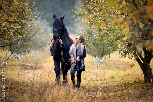 A young, beautiful girl on a walk with a horse in early autumn walks in the park.