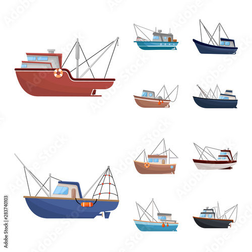 Vector illustration of boat and fishing icon. Collection of boat and vessel vector icon for stock.