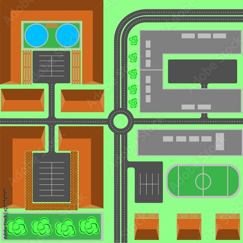 Seamless repeating background urban pattern. Top view of the city quarter with streets, houses, trees