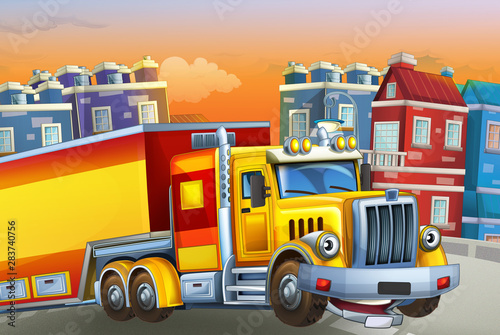 cartoon scene with big truck with truck trailer in the middle of a city - illustration for children © honeyflavour
