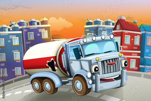 cartoon scene with big truck cistern in the middle of a city - illustration for children © honeyflavour