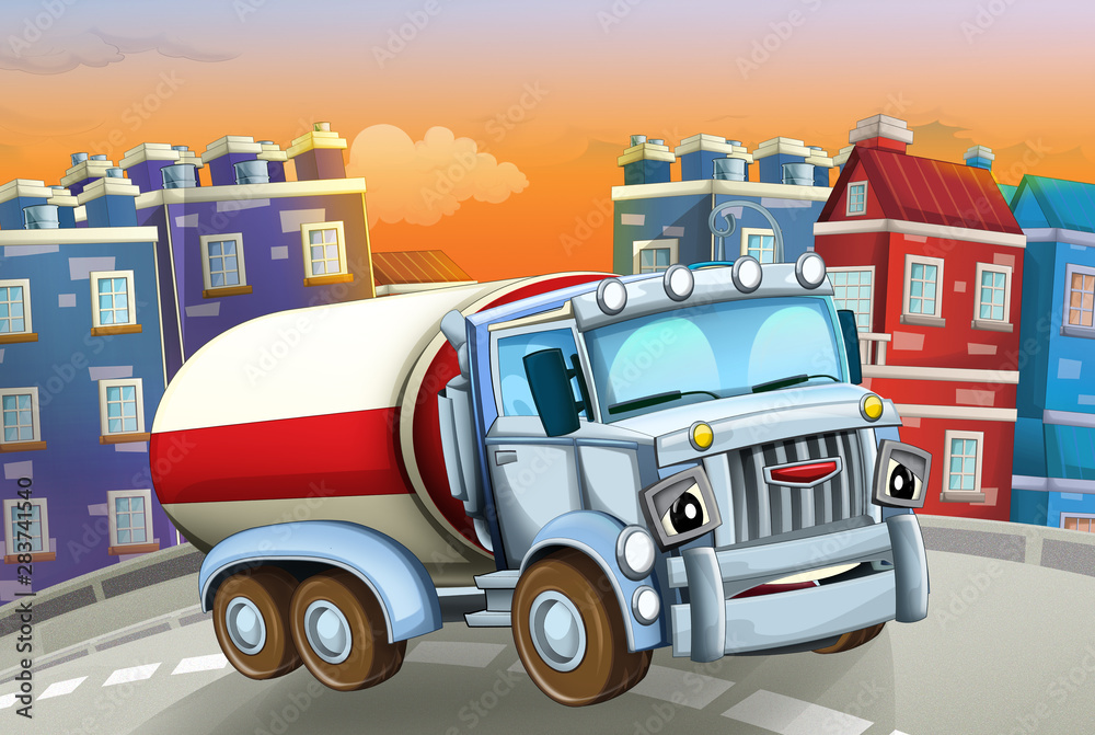 Fototapeta premium cartoon scene with big truck cistern in the middle of a city - illustration for children