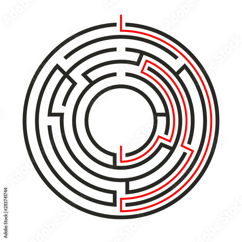 Education logic game circle labyrinth for kids. Find right way. Isolated simple round maze black line on white background.  With the solution.