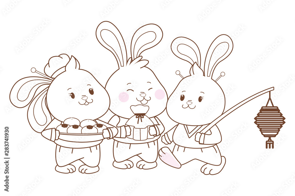 Rabbits celebrating mid autumn festival cartoons in black and white