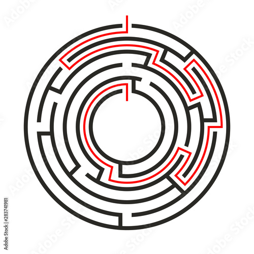 Education logic game circle labyrinth for kids. Find right way. Isolated simple round maze black line on white background.  With the solution.