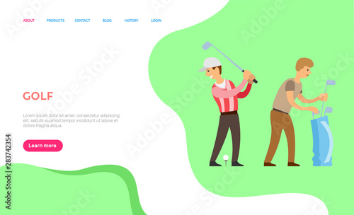 Golf player with helper veсtor, man wearing special clothes for English game participation, person with stick ball hitting target ground. Website Website or webpage template, landing page flat style