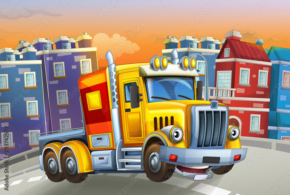 Fototapeta cartoon scene with big truck with truck trailer in the middle of a city - illustration for children