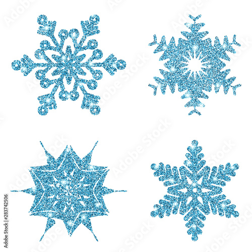 Set blue glitter shine snowflake isolated on white background. Christmas decoration.