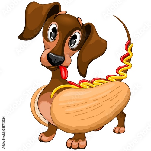 Dachshund Hot Dog Cute and Funny Cartoon Character Vector Illustration 