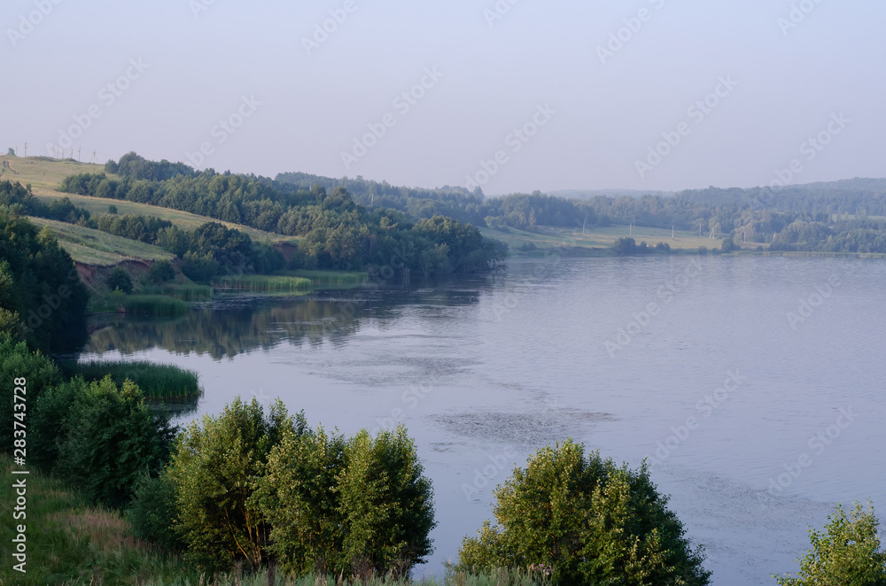 nature on the banks of the river green bushes and trees in the early summer morning at dawn in silence and tranquility