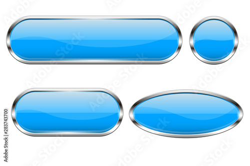 Blue glass buttons. Set of 3d oval shiny icons with chrome frame