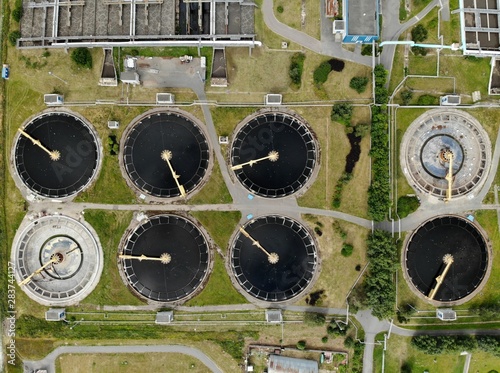 Factory Wastewater Treatment Facility. Saint-Petersburg. Aerial view of sewage treatment plant. Industrial water treatment for big city from drone view.