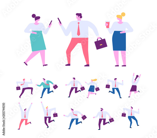Collection of business people characters in different poses. Success, leadership. Business people running flat vector set. Business team competition. Flat vector characters isolated on white.
