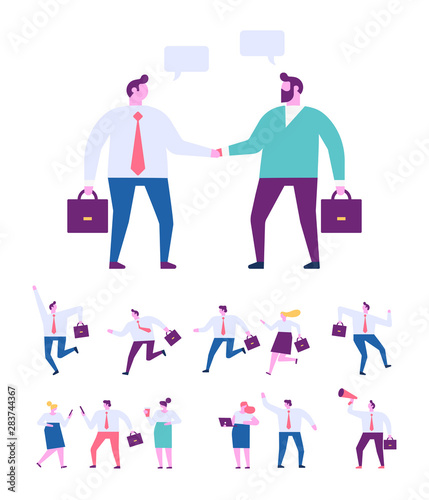 Collection of business people characters in different poses.Business men shake hands. Business agreement and completed the deal with a handshake. Flat Vector cartoon people.