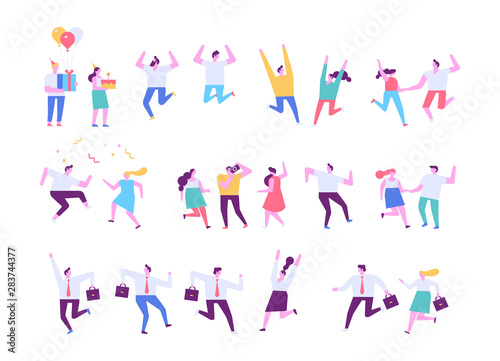 Happy people. Flat vector character set. People dancing and have fun. Birthday party, celebration, event. Friendship. Couples. Men and women enjoying dance party isolated on white. 