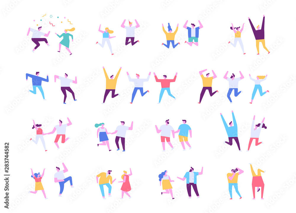 Happy people. Flat vector character set. People dancing and have fun. Birthday party, celebration, event. Friendship. Couples. Men and women enjoying dance party isolated on white. Happy people. Flat vector character set. People dancing and have fun. Birthday party, celebration, event. Friendship. Couples. Men and women enjoying dance party isolated on white.