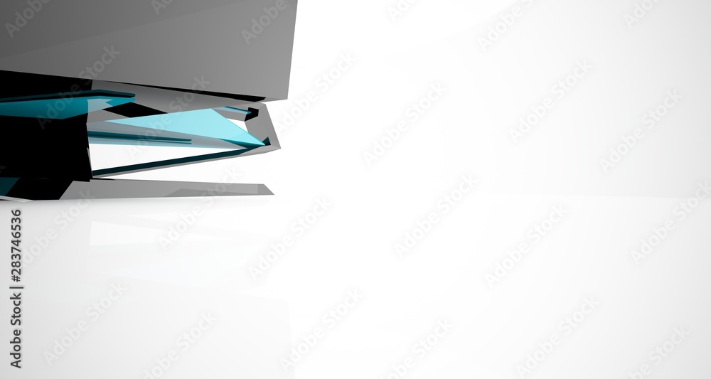 Abstract architectural blue and black gloss interior of a minimalist house with large windows.. 3D illustration and rendering. Abstract architectural blue and black gloss interior of a minimalist house with large windows.. 3D illustration and rendering.