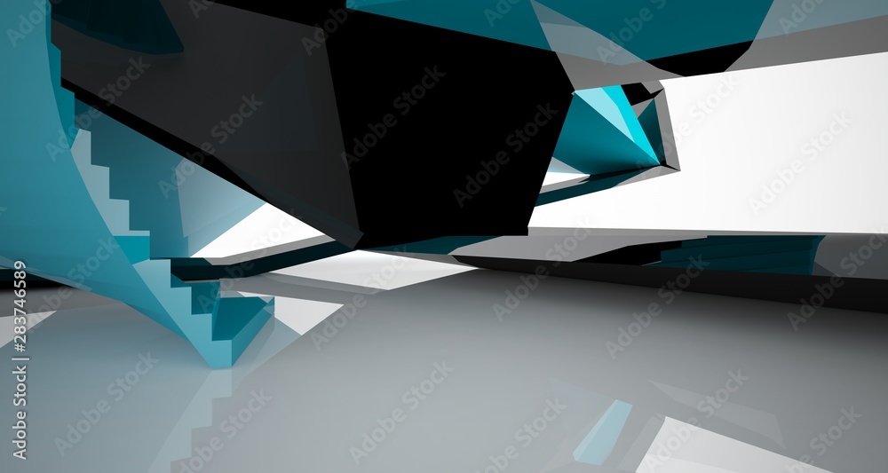 Abstract architectural blue and black gloss interior of a minimalist house with large windows.. 3D illustration and rendering. Abstract architectural blue and black gloss interior of a minimalist house with large windows.. 3D illustration and rendering.
