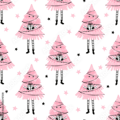 Christmas pattern with cute Christmas trees as girls. Wrapping paper seamless design.	
