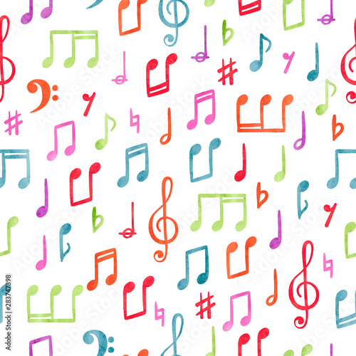 Seamless colorful music notes pattern. Musical watercolor background.