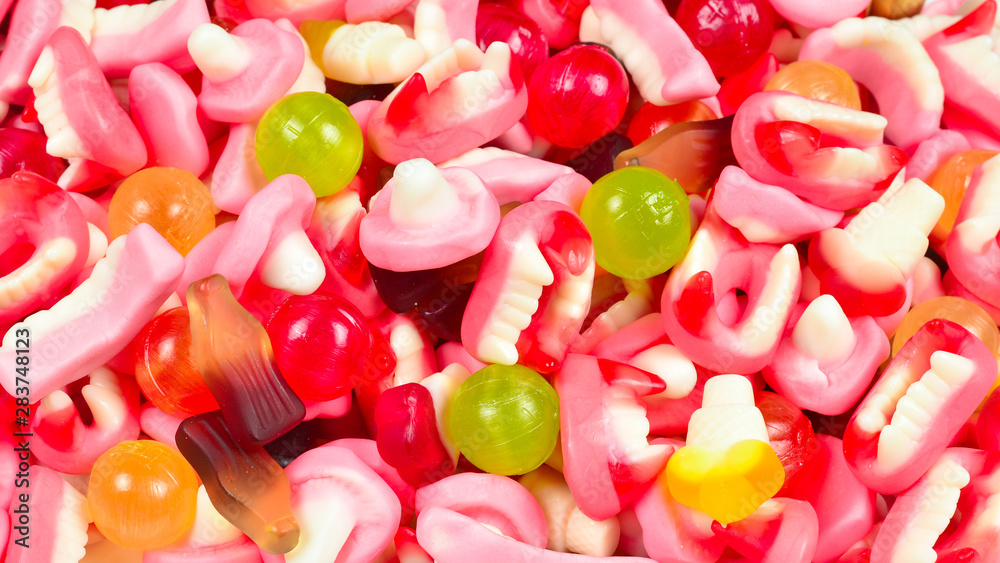 Assorted gummy candies. Top view. Jelly sweets. Assorted gummy candies. Top view. Jelly sweets.
