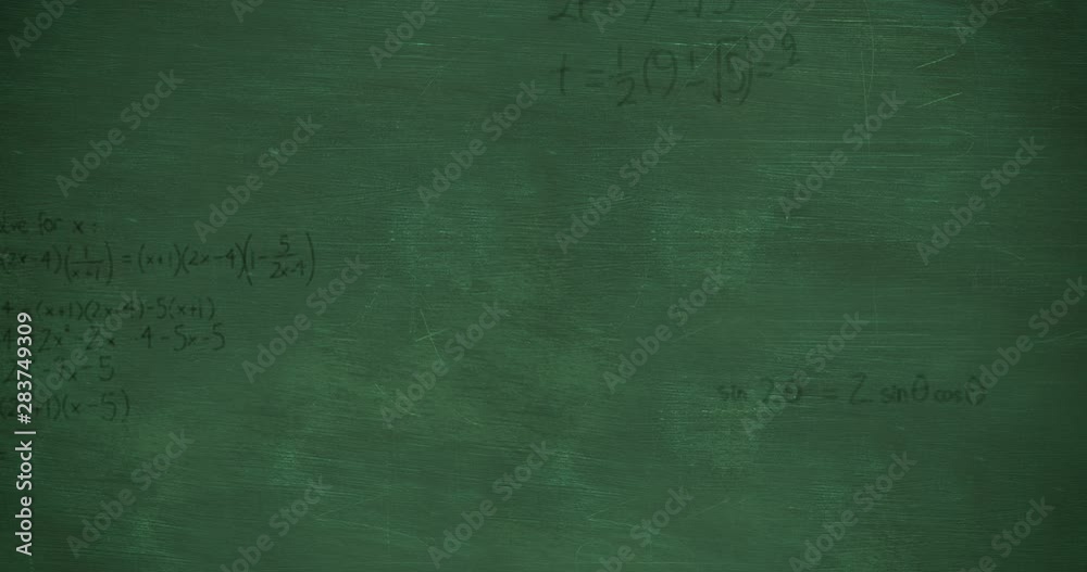 Mathmatical calculations falling to green chalkboard background 4k