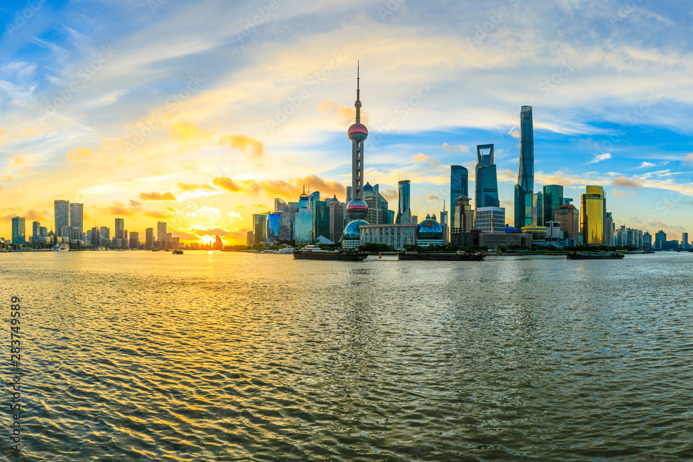 Sunrise scenery view of Shanghai skyline and Huangpu river