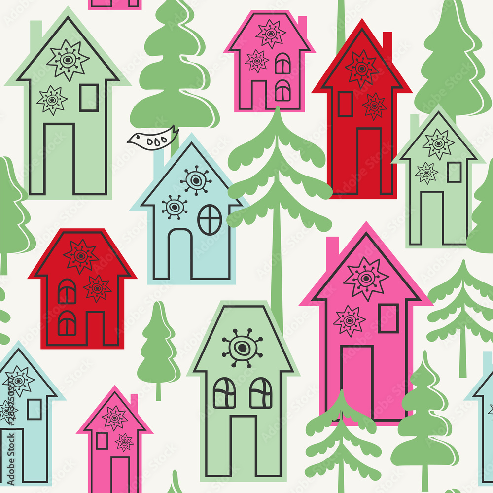 Seamless vector pattern with cute houses and trees.