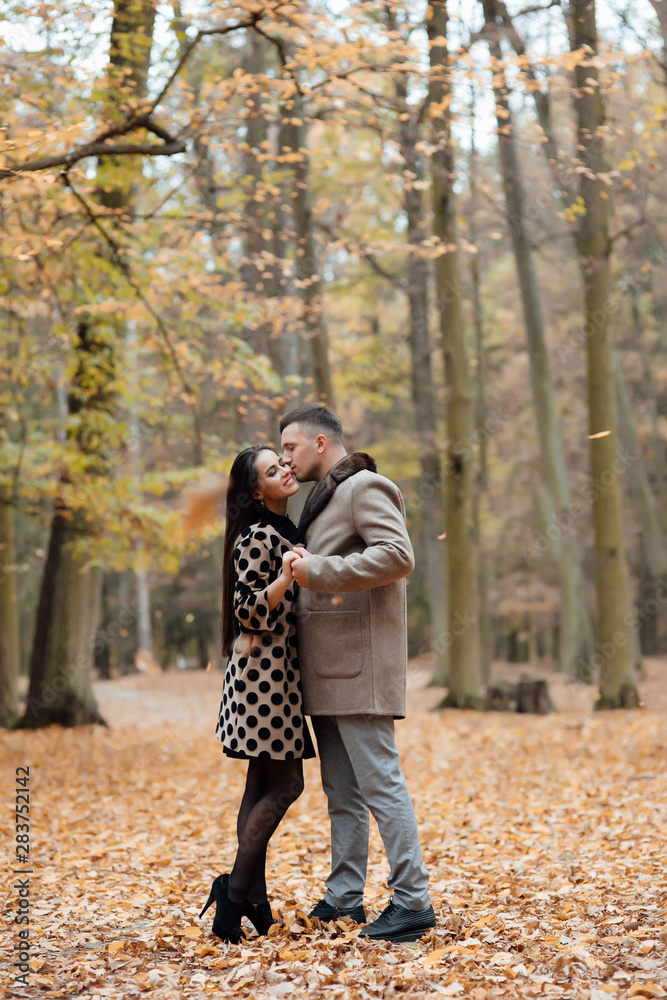 Autumn love, couple kissing in fall park, happy man and woman outside. Love story. To love each other. Autumn love, couple kissing in fall park, happy man and woman outside. Love story. To love each other.