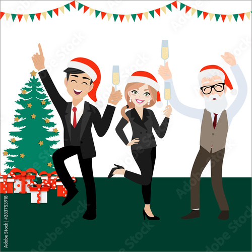 Happy party group of business people with cartoon character , merry christmas and happy new year design vector