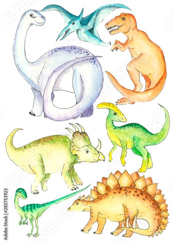 Fototapeta Naklejka Na Ścianę i Meble -  watercolor illustration dinosaurs set color sketch