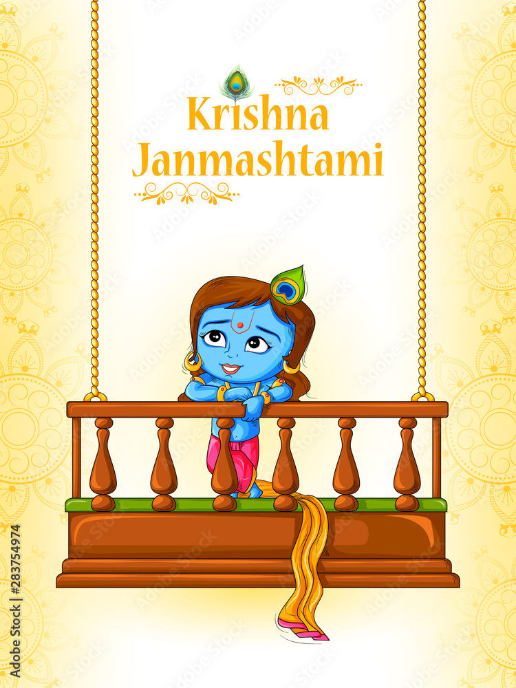 Little Kanha on Krishna Janmashtami festival background of India in vector  Stock Vector | Adobe Stock