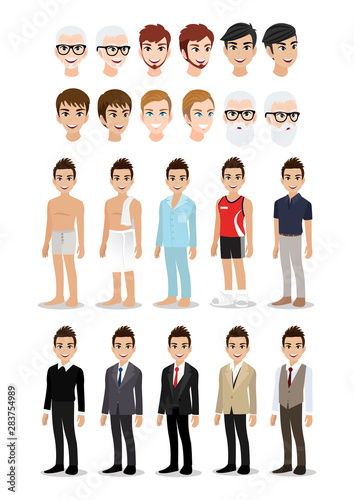 Businessman cartoon character set. Handsome business man in his lifestyle. Vector illustration