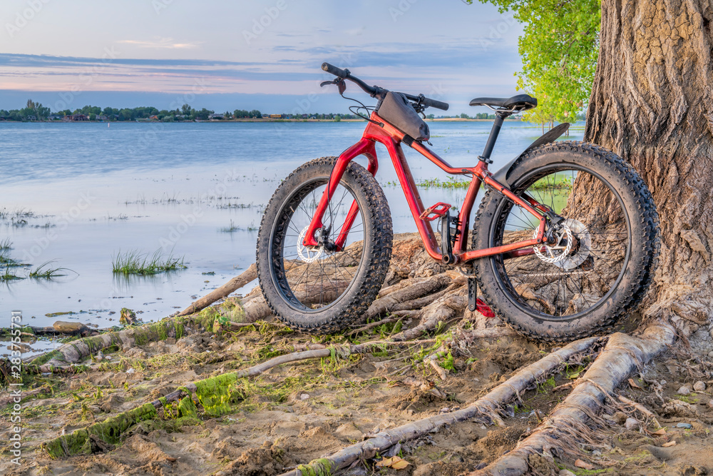 fat mountain bike on a lake shore