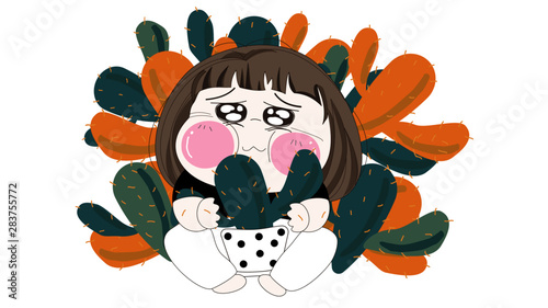 A girl with her cactus, Child cartoon character. Flat vector isolated illustration. Design for postcard, website, online market and logo. Easy to adjust color.